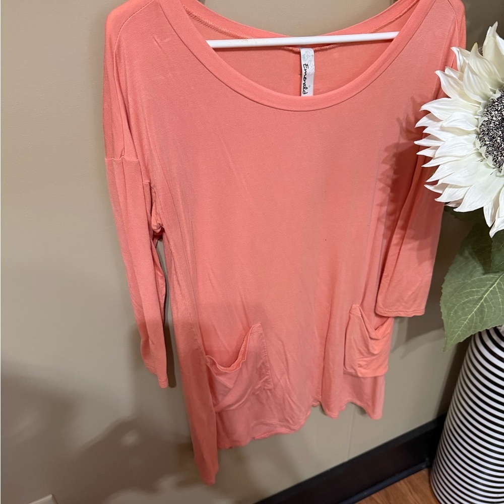 Emerald Coral Pink Pocket Tunic Top